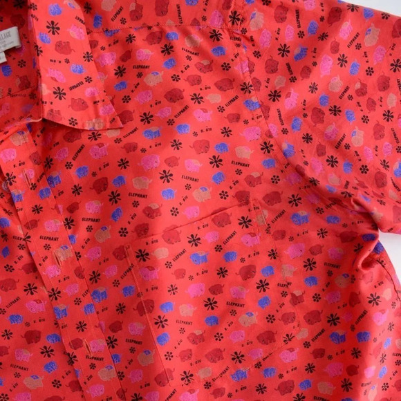 Vintage Tie Silk Red  Silk Short Sleeve Button Blouse w Elephants Medium - Picture 10 of 13